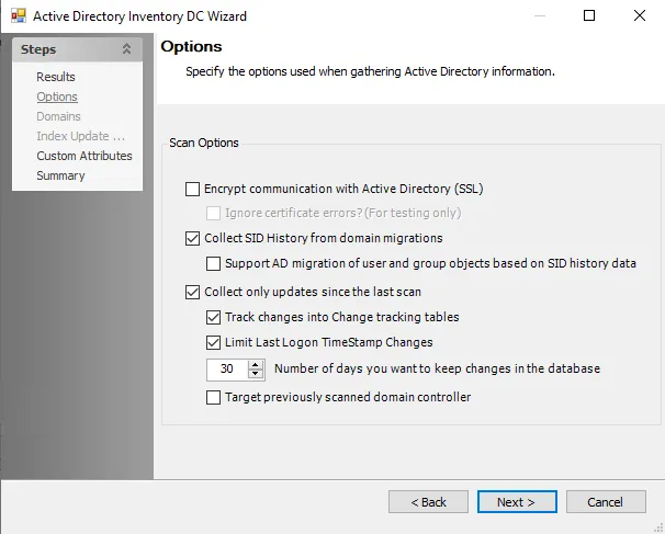 Active Directory Inventory DC Wizard Options page