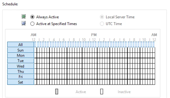 Schedule section in a policy template set to Always Active
