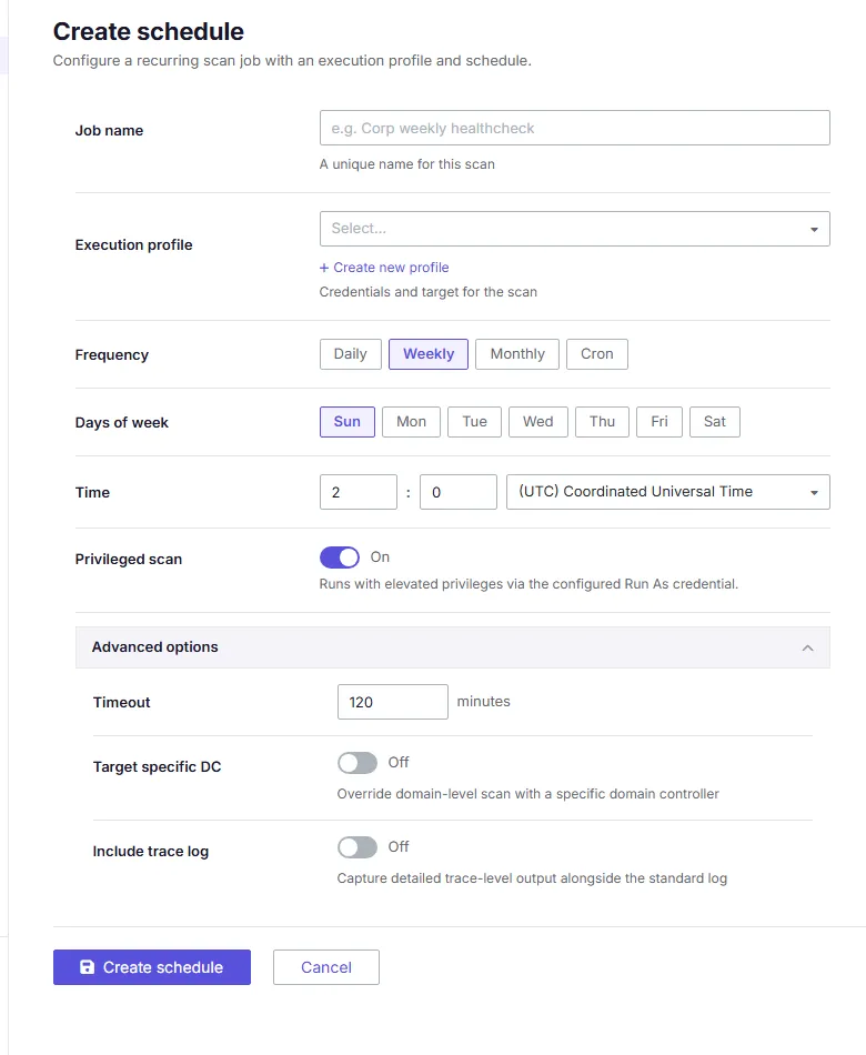 A screenshot of the scheduled scan job creation screen with advanced options expanded, showing the Privileged scan toggle, timeout, and target specific DC fields.