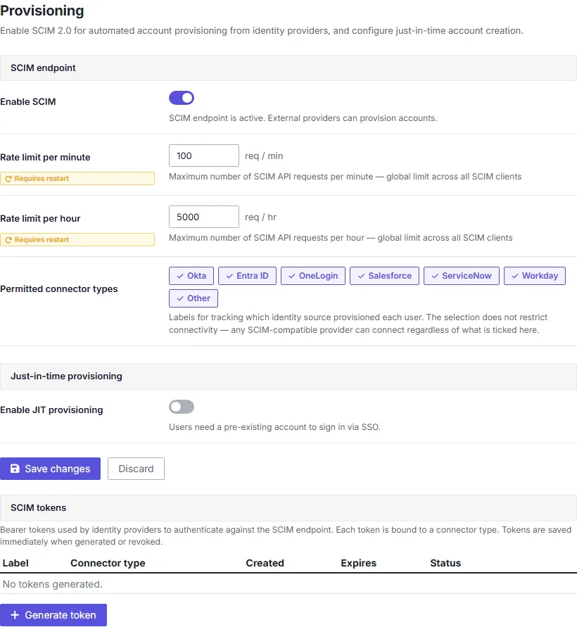 A screenshot of the Provisioning settings tab with SCIM enabled, showing the rate limit fields, permitted connector types, and the SCIM tokens table.