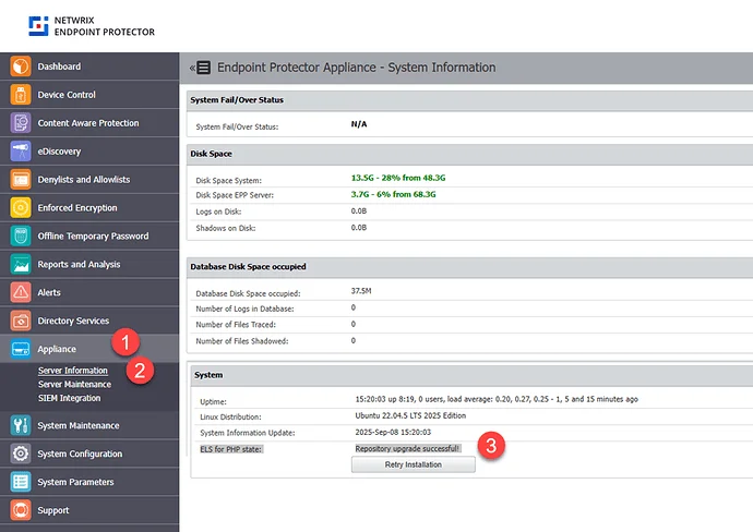 Appliance → Server Information — version 2604 after patching