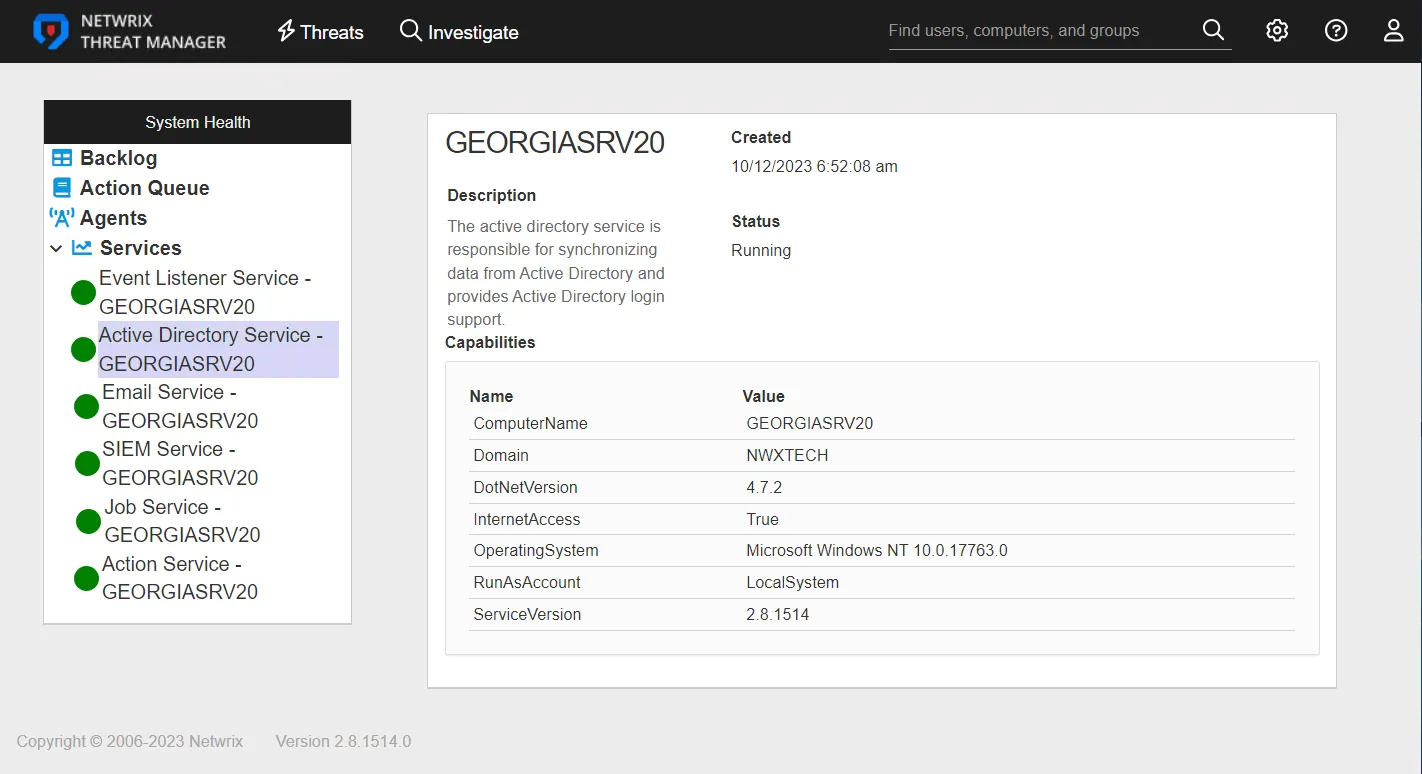 System Health interface displaying the details for a Service