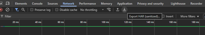 Dialog box for exporting HAR logs with the Export HAR button highlighted