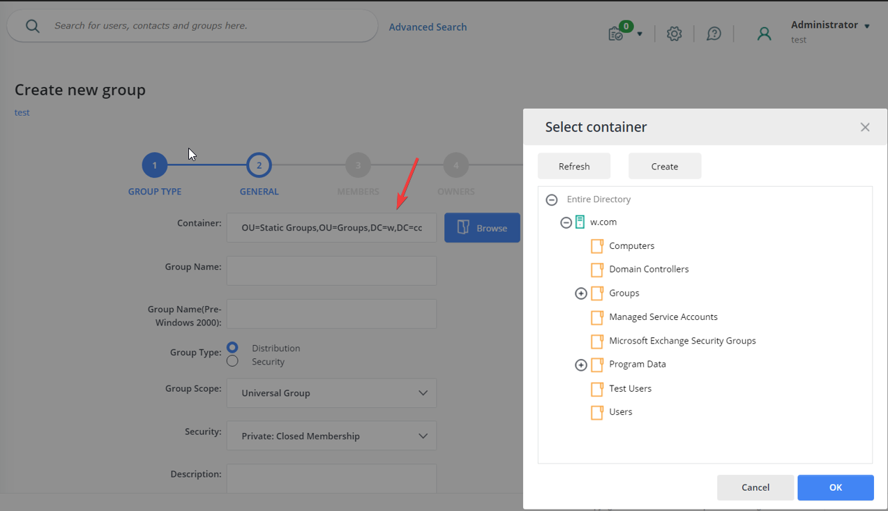 Default container selected in Create Group wizard