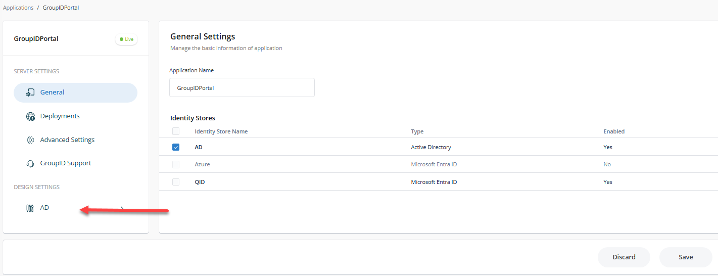 Selecting identity store under Design Settings