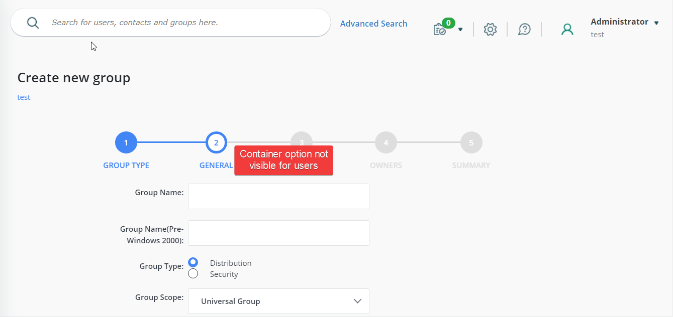 Container field hidden in Create Group wizard