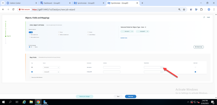 Map Fields page with Transform button for Description field highlighted