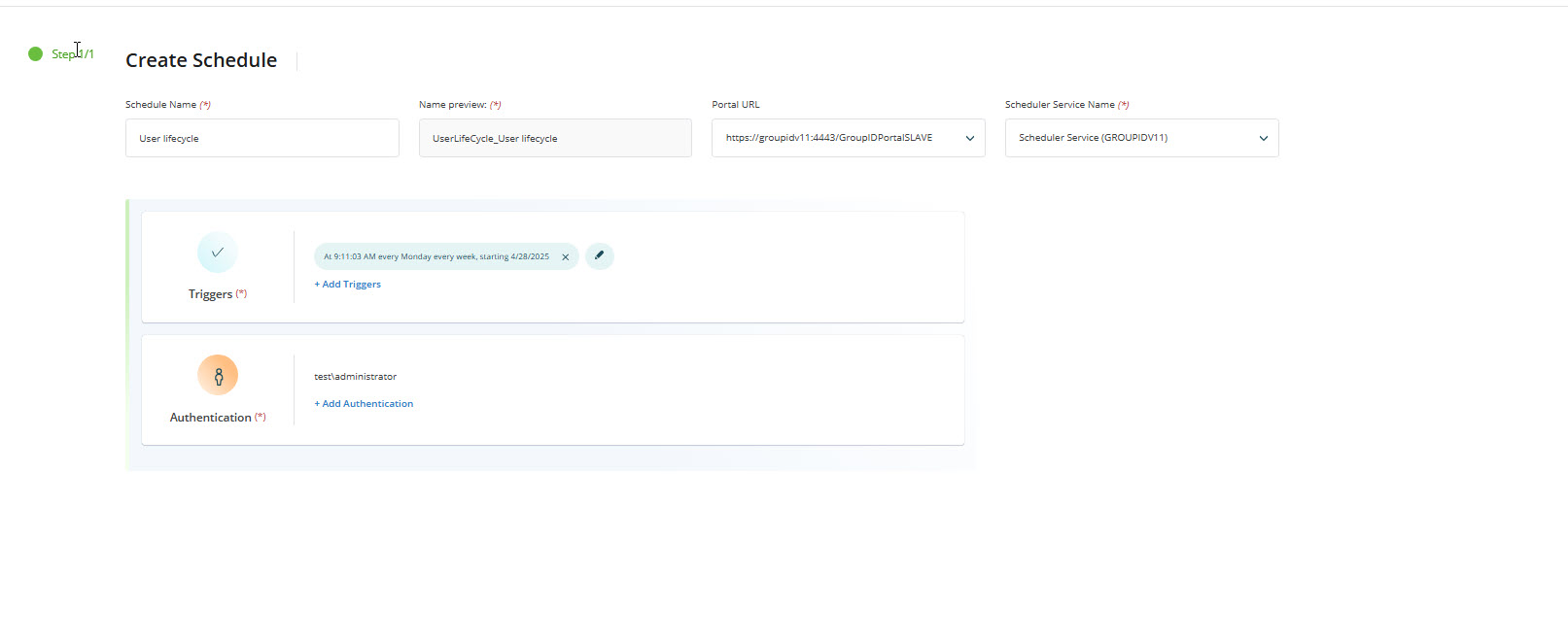 User Life Cycle job scheduling screen in Directory Manager