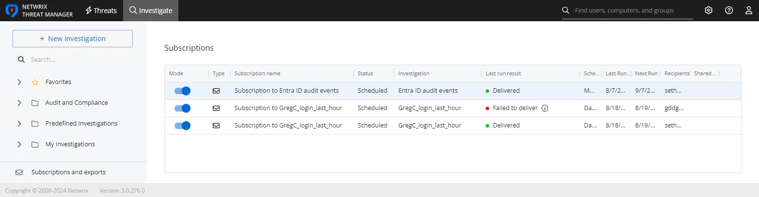 Investigations interface on the Subscriptions and Exports page