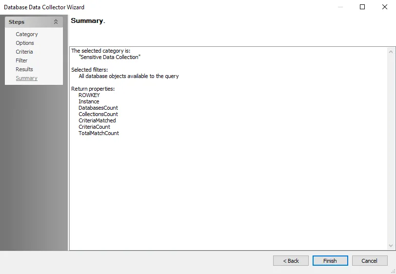 NoSQL Data Collector Wizard Summary page