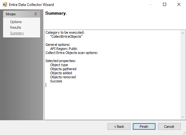 Summary page of the Entra Data Collector Wizard