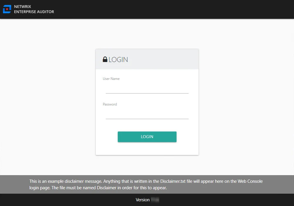 Web Console login page with disclaimer message