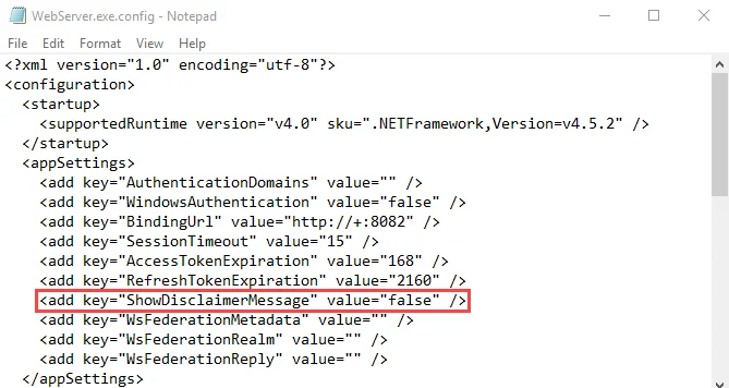 WebServer.exe.config file in Notepad