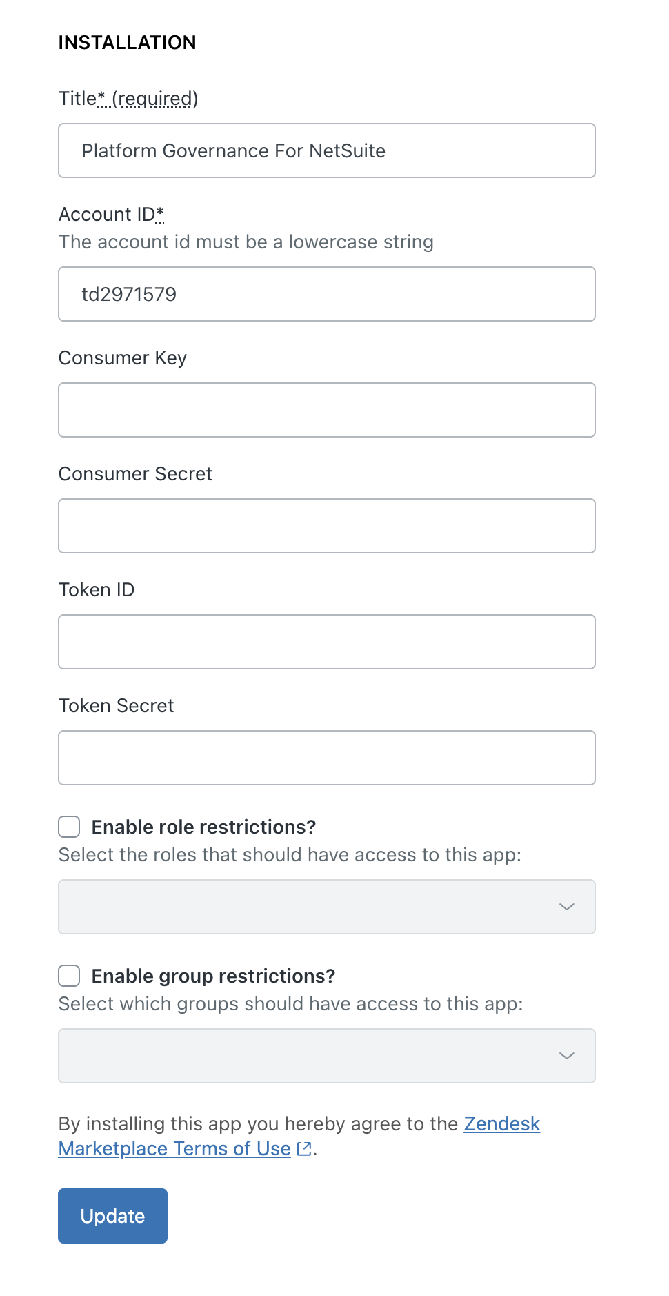 Set up the Platform Governance For NetSuite Zendesk app