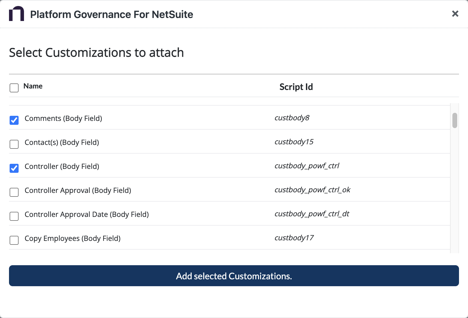 Select one or more customizations.
